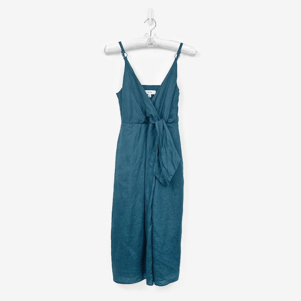 Reiss Elsie Linen Side Tie Midi Dress Size 4 Dark Teal